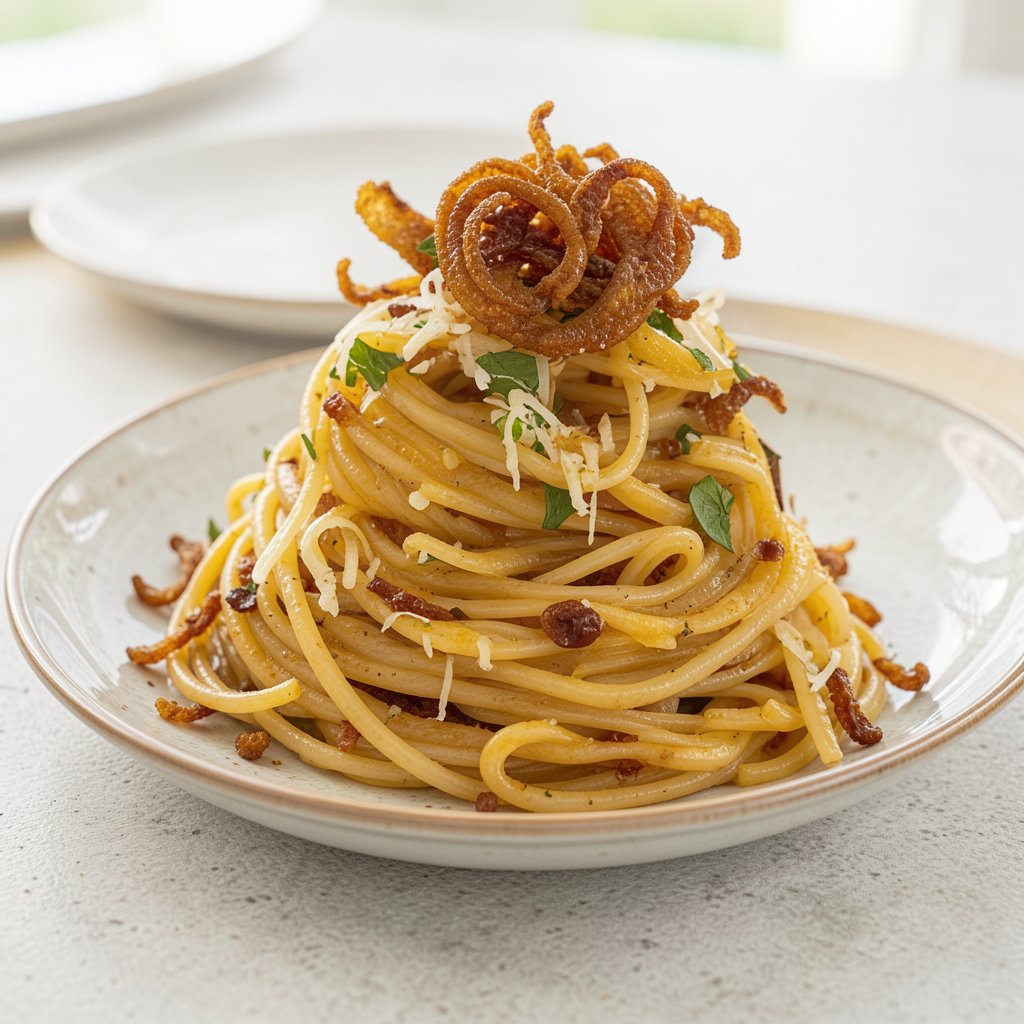 Spaghetti Aglio e Olio with Crispy Onions