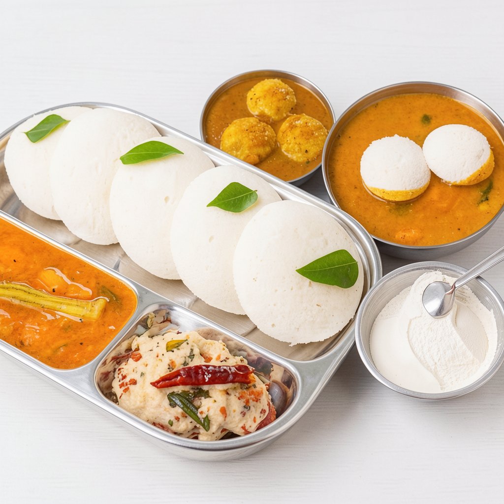 Idli, Sambar, and Coconut Chutney