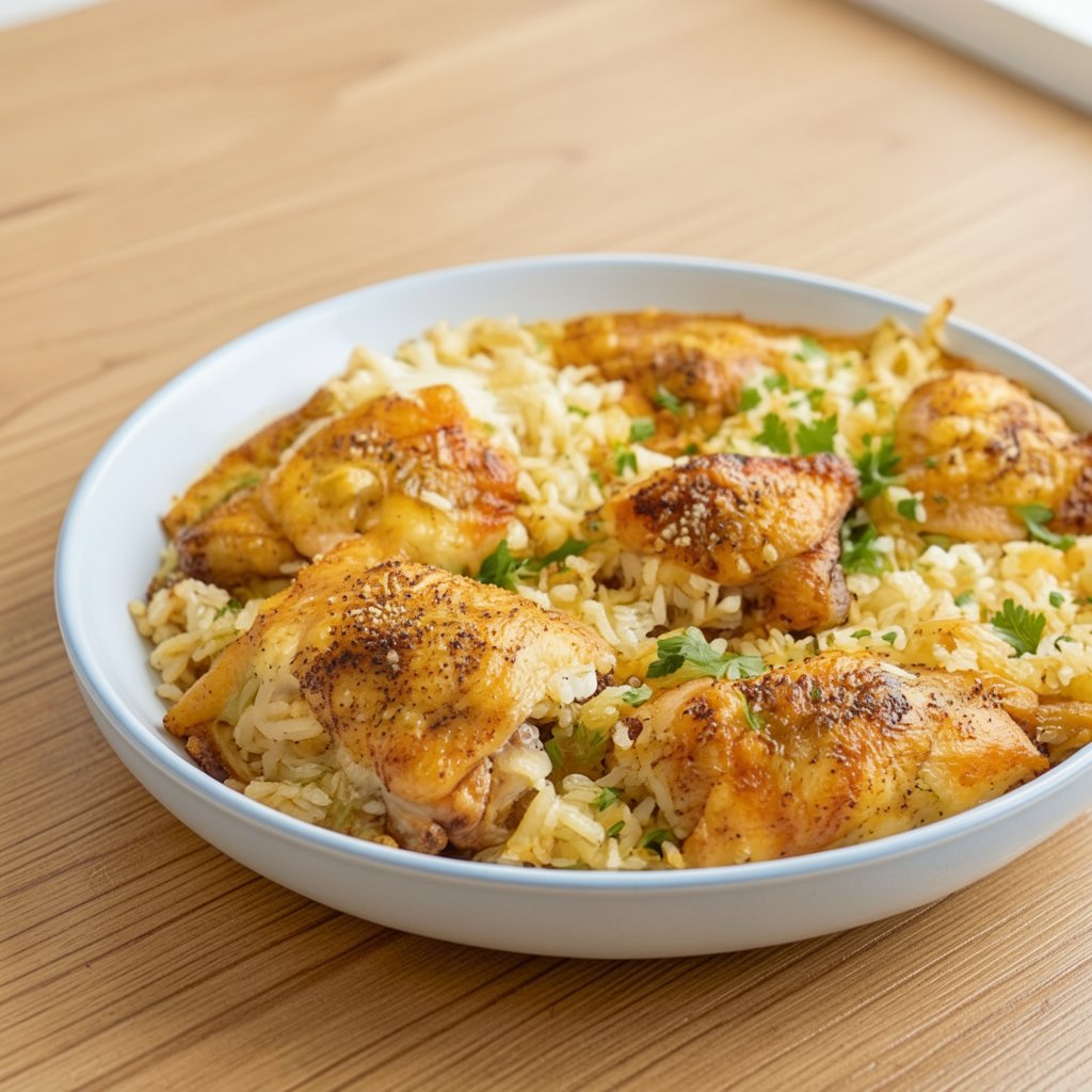 One Pan Crispy Chicken Thighs and Rice