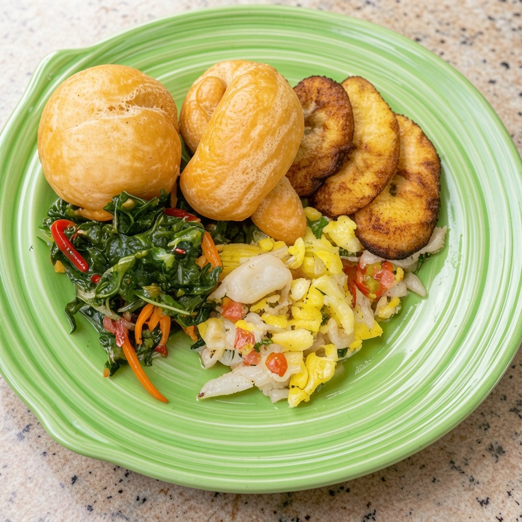 Ackee and Saltfish with Johnny Cakes and Steamed Callaloo