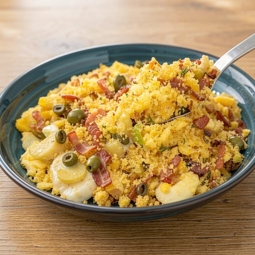 Farofa de Milho Cremosa com Bacon e Azeitonas