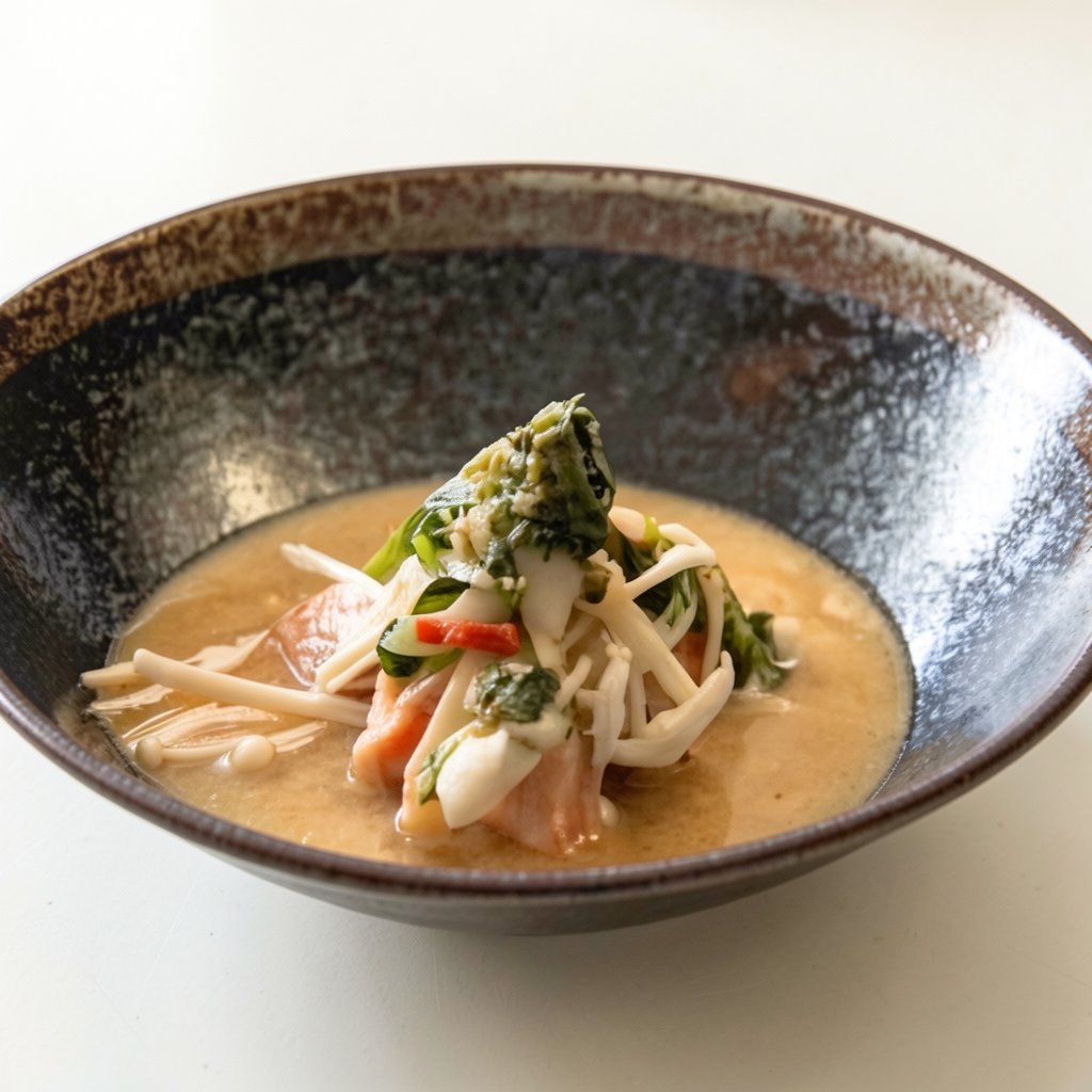 Miso Poached Salmon with Bok Choy and Enoki Mushrooms