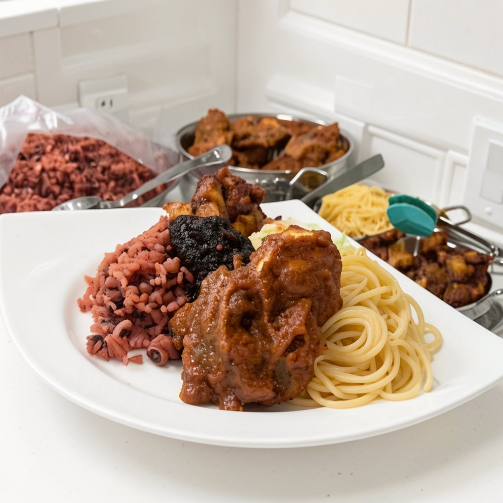 Ghanaian Waakye with Kelewele and Spaghetti